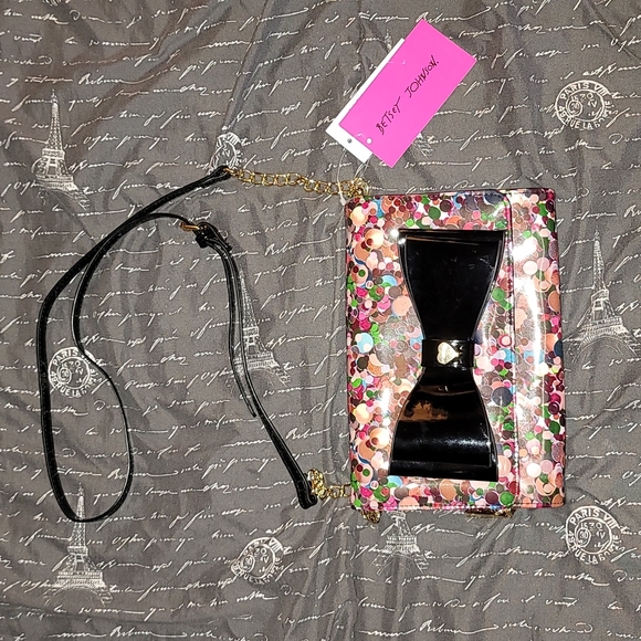 Betsey Johnson crossbody bag Rainbow Xodanie Bow New festive print gold tone - Picture 1 of 7